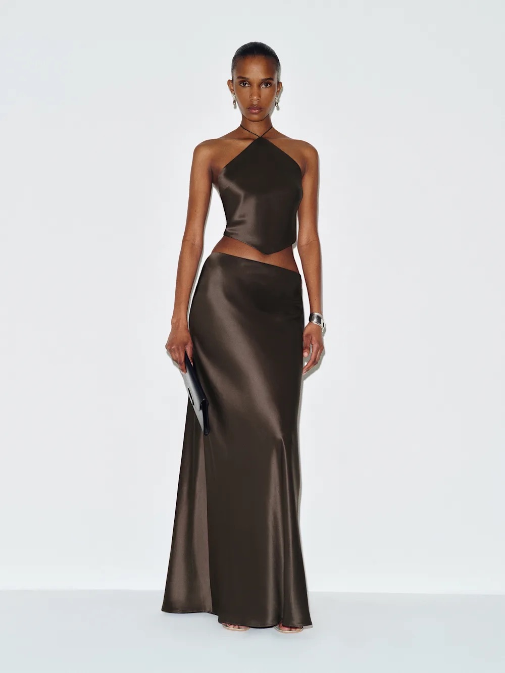 NEW Reformation Effie Two Piece Matching Silk Skirt Set in Black Pearl sz XS